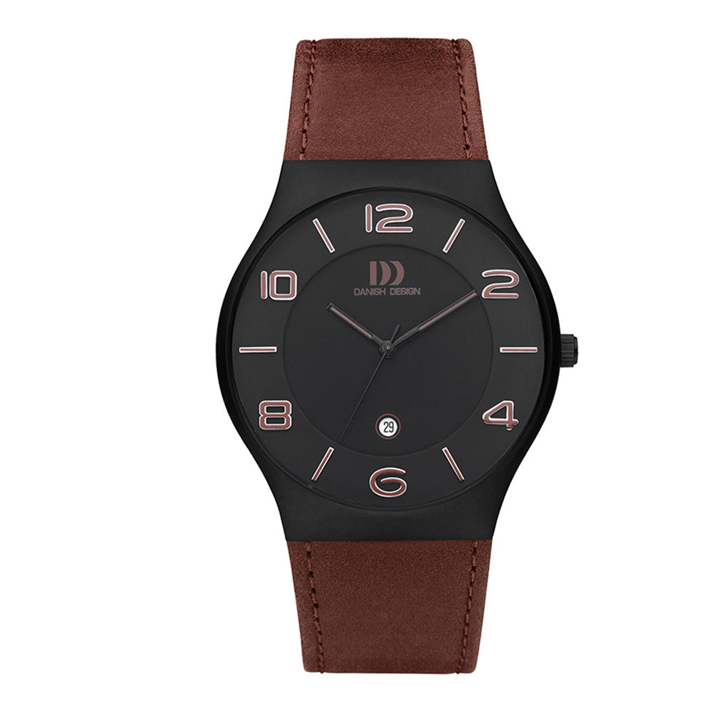 Black ion plated titanium, black dial & brown leather watch - DDIQ29Q1106