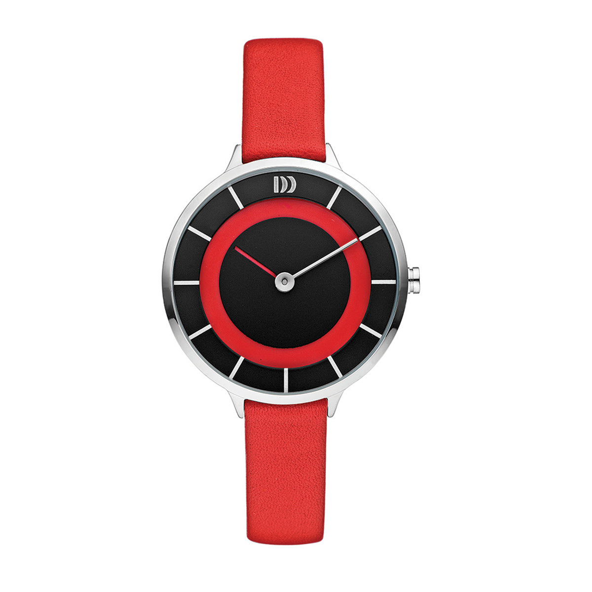 Polished stainless steel, black/ red dial & red leather watch - DDIV24Q1165