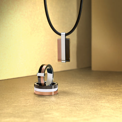 Three tone stainless steel pendant - neoprene necklace - GL4TF513A