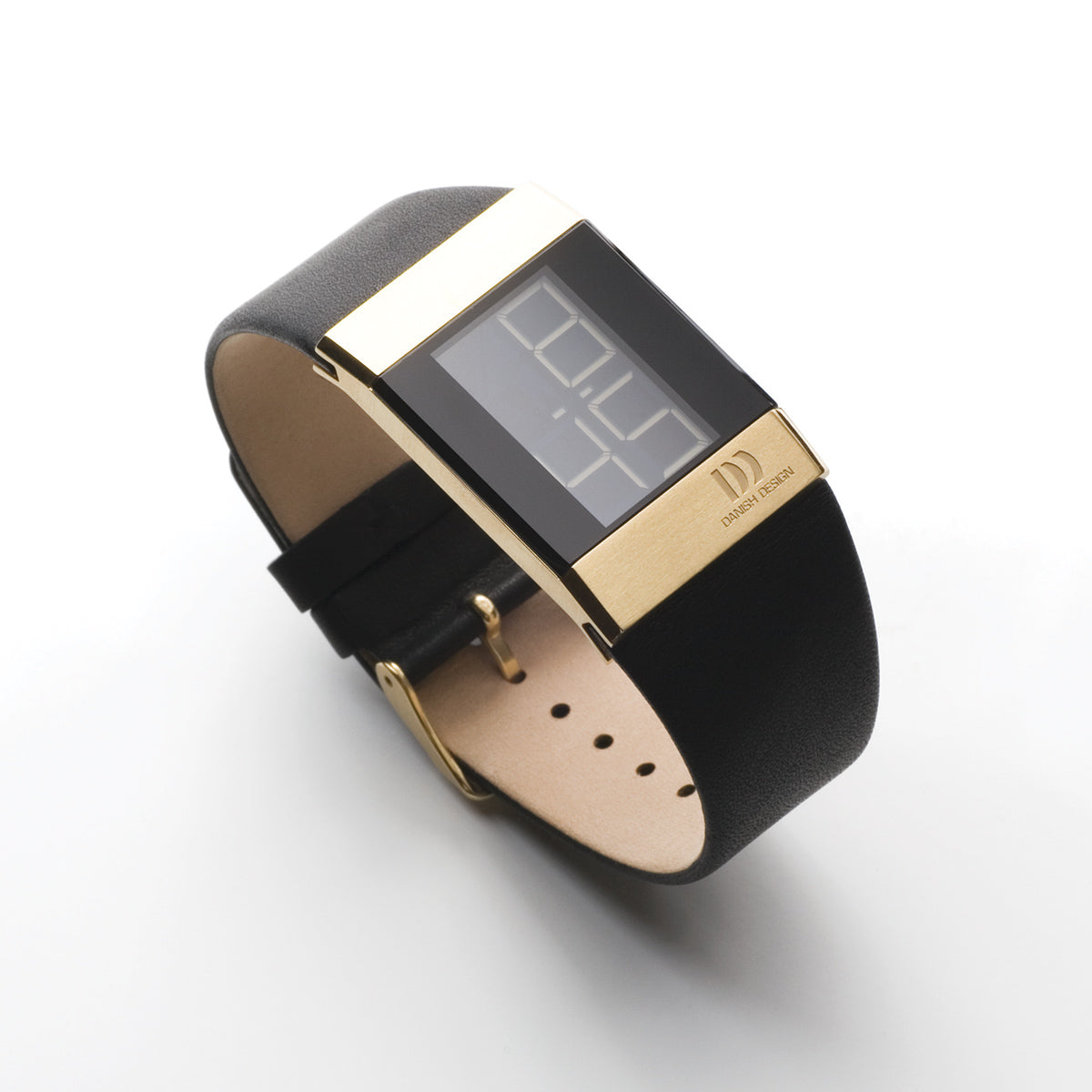 Rectangle digital gold ion plated stainless steel and black leather watch - DDIV11Q641