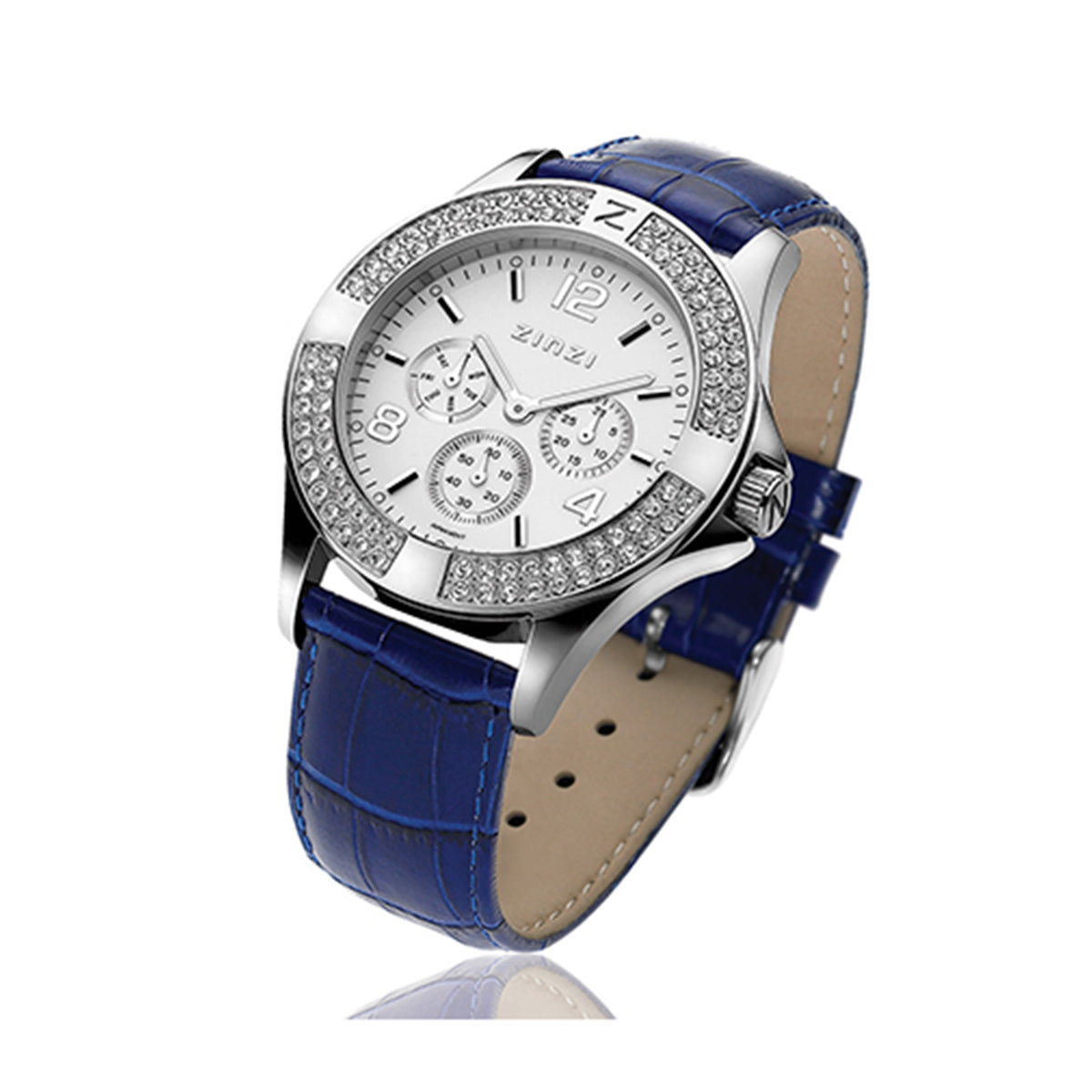 Stainless Steel Watch White Dial With CZ & Blue Band - ZUNO1