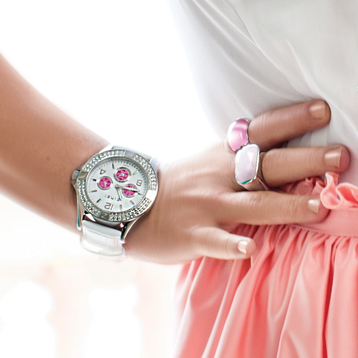 Stainless Steel Watch White & Pink Dial With CZ - ZUNO3