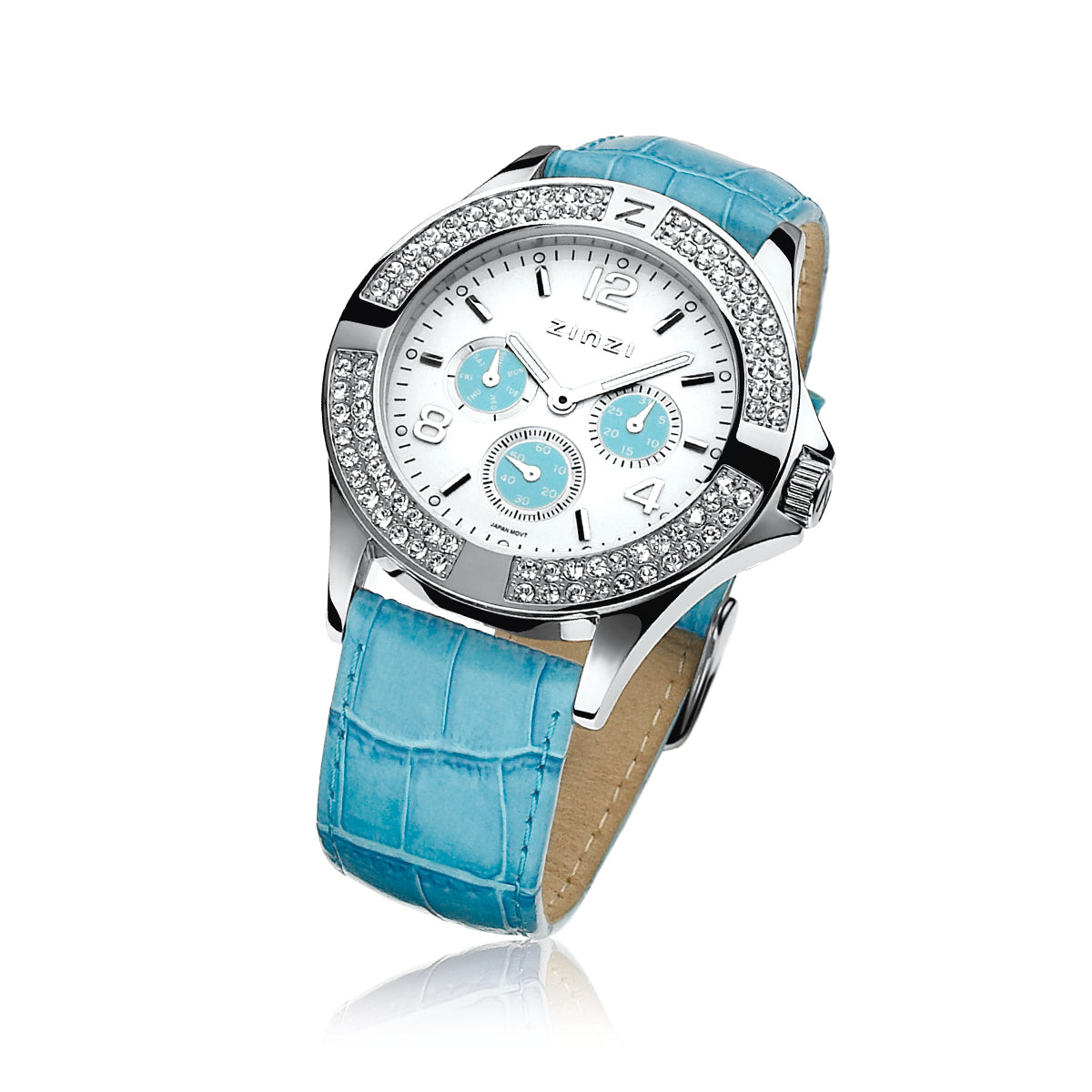 Stainless Steel Watch White & Light Blue Dial With CZ - ZUNO8