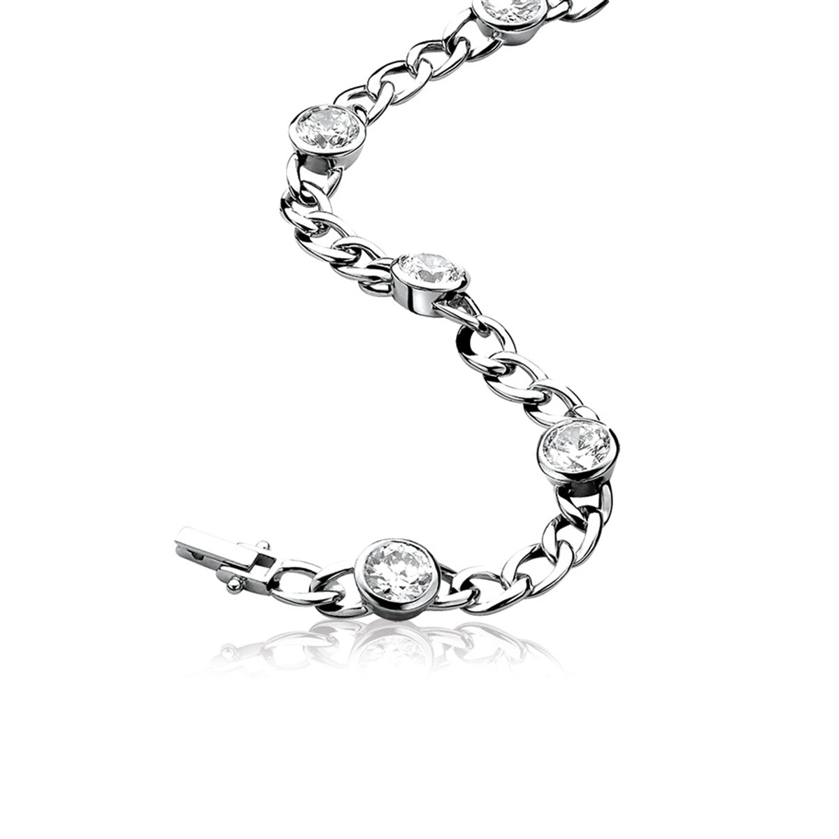 Curb Link Silver Bracelet With Large CZ - White - ZIA655