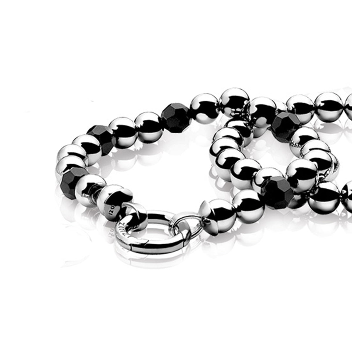 Silver Ball Strand Bracelet with Black Faceted Stones - ZIA683