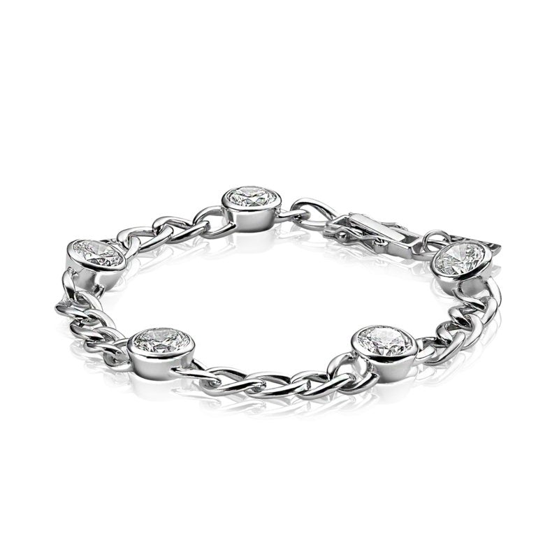 Curb Link Silver Bracelet With Large CZ - White - ZIA655