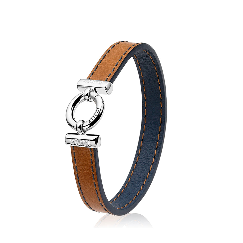 Leather Calf Reversible Bracelet With Silver Clasp - Navy/Tan - ZIA954