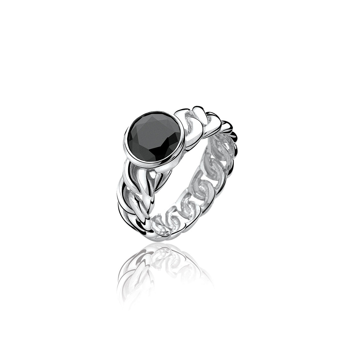 Curb Link Silver Ring With CZ - Black - ZIR656