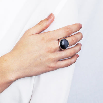 Round Cats-Eye Silver Ring - Black - ZIR843Z