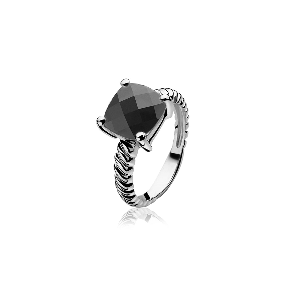 Square CZ Twisted Silver Ring - Black - ZIR937Z