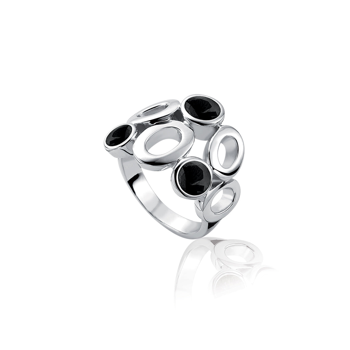 Silver Circle & Oval Patterned CZ Ring - Black - ZIR322Z